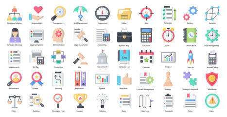 Organization Flat Icons Accounting Company Law Iconset in Color Style 50 Vector Icons