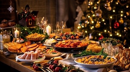 Fototapeta premium Christmas Dinner table full of dishes with food and snacks, New Year's decor with a Christmas tree on the background. Generative AI