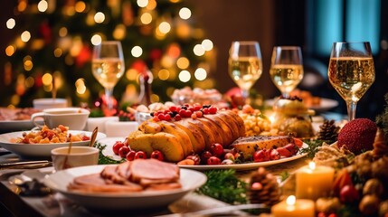 Christmas Dinner table full of dishes with food and snacks, New Year's decor with a Christmas tree on the background.
Generative AI - obrazy, fototapety, plakaty