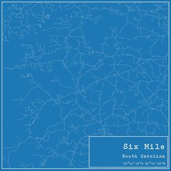 Blueprint US city map of Six Mile, South Carolina.