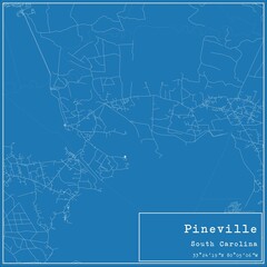 Blueprint US city map of Pineville, South Carolina.