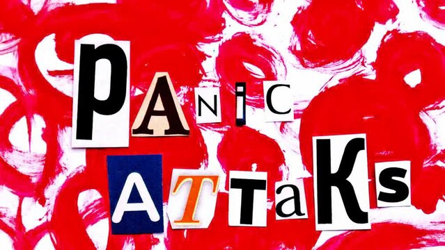 Words writing text Panic Attaks  from cut letters on abstract strokes red background. Changing colors effect and shaking effect. Headline, card of psychology . Psychological concept.