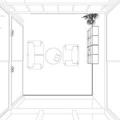 Interior design with modern living room in black line on white background , vector illustration. Living room interior outline. Line style furniture: sofa, bookshelf, TV shelf, flowerpot. View above..