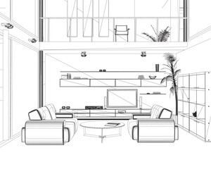 Interior design with modern living room in black line on white background , vector illustration. Living room interior outline. Line style furniture: sofa, bookshelf, TV shelf, flowerpot. View front.