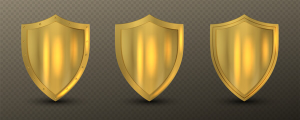 Shields with reflection in shiny gold frames set. Realistic isolated golden trophy, 3d luxury safety protection emblems. Military armor in front