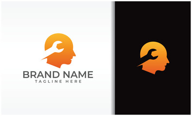 Brain setting logo. Human brain and settings wrench in the head. 