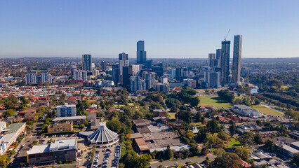 Panoramic aerial drone view of Parramatta CBD in Greater Western Sydney, NSW, Australia showing...