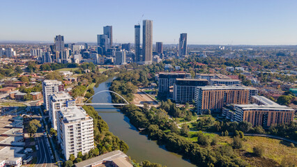 Aerial drone view of Parramatta CBD above Parramatta River in Greater Western Sydney, NSW,...