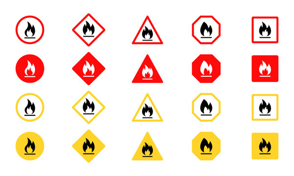 Set of highly flammable vector signs. Flammable substance. Chemical, gas and toxic danger. Red and yellow hazard symbol.
