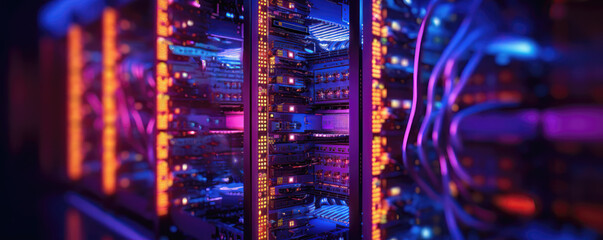 High performance data servers. Ultra high performance servers in data center rack, operating at full load with stability and optimum processing power. Glowing hardware and cables. generative AI based