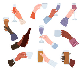 Drinks in hands set. People holding glass of wine or sparkling champagne, pint beer and bar cocktail. Beverages in glass, cup, bottle, wineglass