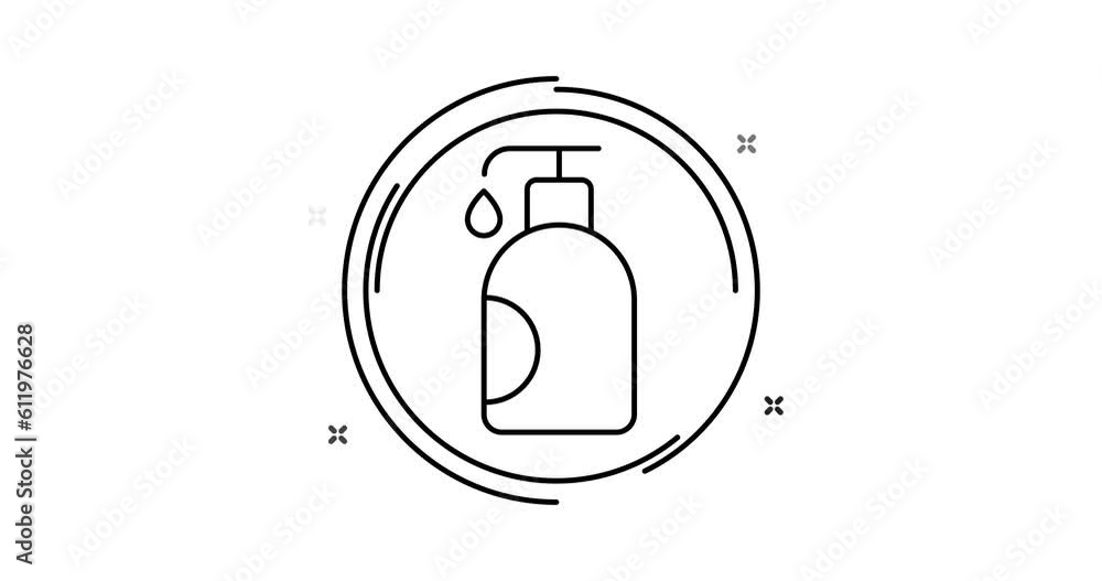 Poster liquid soap animated outline icon on white background. liquid soap rotation appearance 4k video anim
