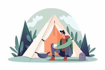 Generative AI.Camping concept art. Flat illustration of beautiful landscape, lake, mountains, forest, tent and campfire. The guy is resting in nature. Flat mountains in summer, spring. Landscape 