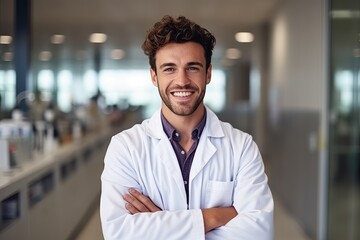 Portrait of smiling male doctor standing with arms crossed in hospital corridor - obrazy, fototapety, plakaty