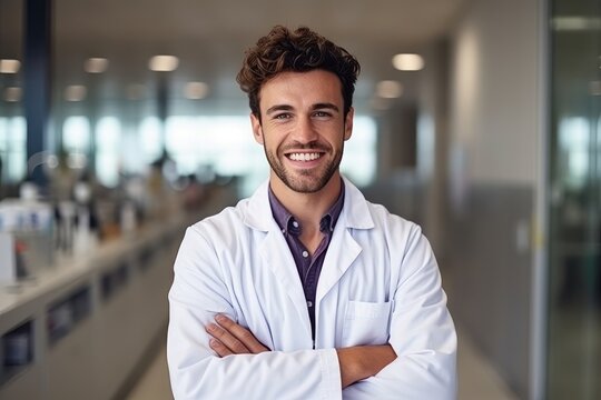 Portrait of smiling male doctor standing with arms crossed in hospital corridor