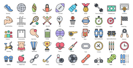 Fototapeta premium Sports Line Color Icons Sport Football Baseball Iconset in Filled Outline Style 50 Vector Icons 