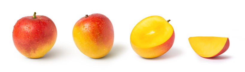 mango fruit and half slice isolated on white background.