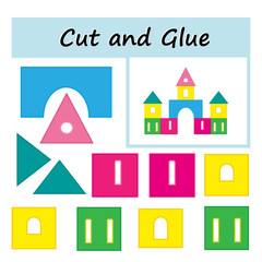 Educational paper game for kids. Cut parts of the image and glue on the paper. DIY worksheet. Cartoon palace.