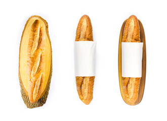 Baguette bread. French bread baguette on wooden cutting board. Fresh fragrant bread on white background. Collection of baked bread
