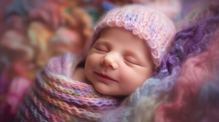 Fototapeta na wymiar Sleeping newborn smiling baby, soft colorful