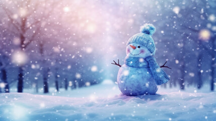 Obraz premium Snowman in the snow in the style of bokeh panorama 