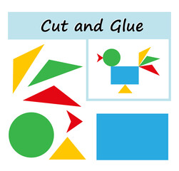 Educational paper game for kids. Cut parts of the image and glue on the paper. DIY worksheet. Cartoon rooster.