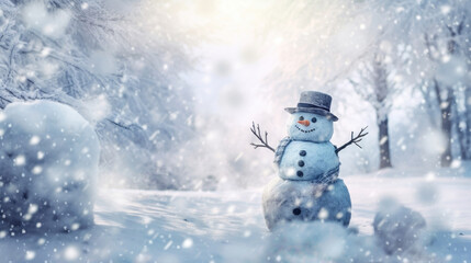 Snowman in the snow in the style of bokeh panorama 