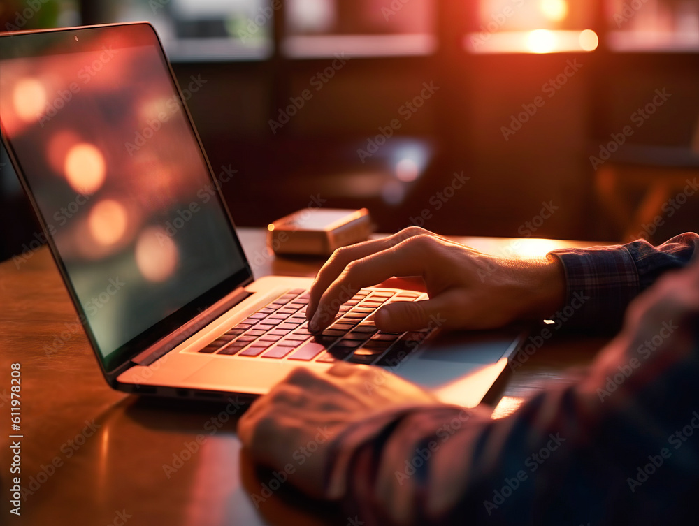 Poster businessman hands typing and working with laptop computer on wooden table close up. side view. freel