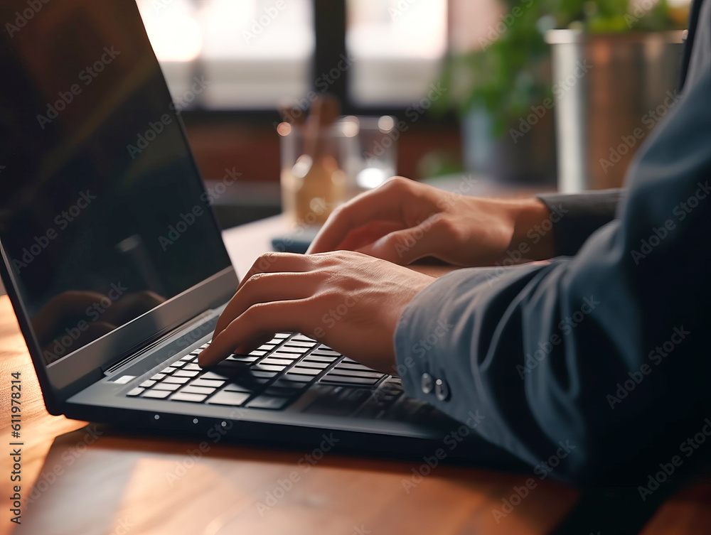 Poster businessman hands typing and working with laptop computer on wooden table close up. side view. freel