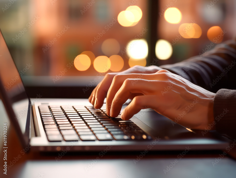 Poster businessman hands typing and working with laptop computer on wooden table close up. side view. freel