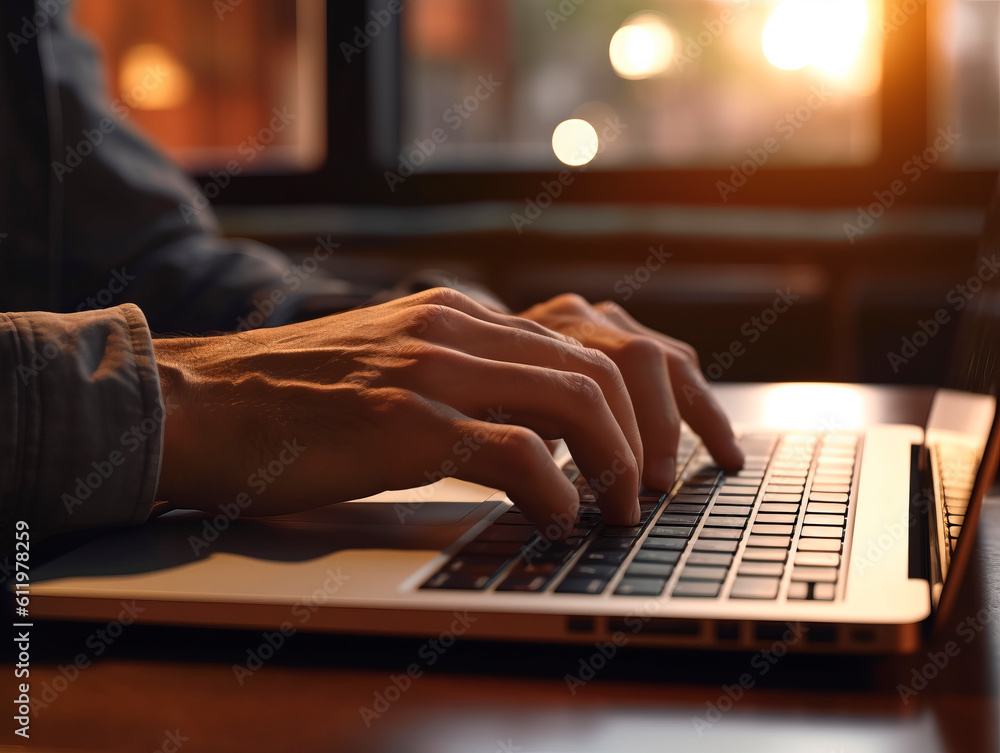 Poster businessman hands typing and working with laptop computer on wooden table close up. side view. freel