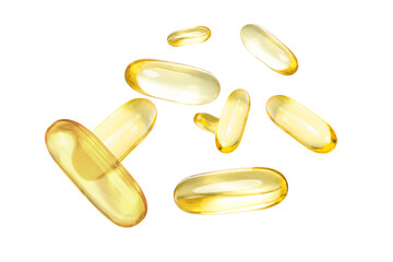 cod liver oil capsules or omega 3 capsule pill isolated on white