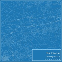 Blueprint US city map of Malvern, Pennsylvania.