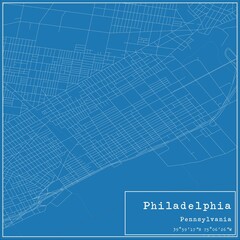 Blueprint US city map of Philadelphia, Pennsylvania.