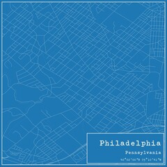 Blueprint US city map of Philadelphia, Pennsylvania.
