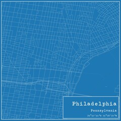 Blueprint US city map of Philadelphia, Pennsylvania.
