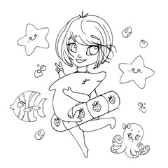 vector coloring page with cute cartoon girl. avatar, line art	