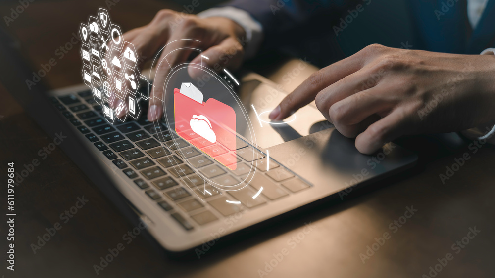 Poster digital era businesses rely on cloud-based systems for secure storage, efficient file transfer, and 