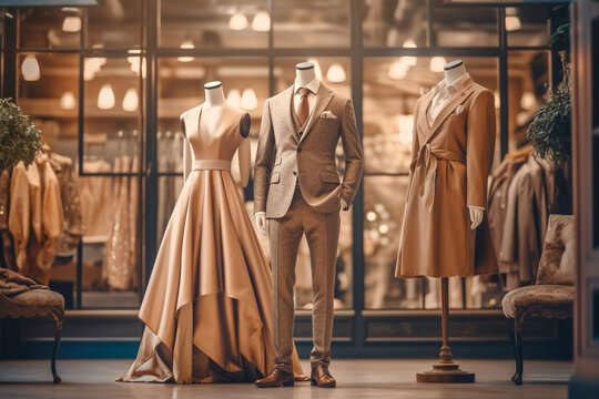 Elegance dress and suit. Boutique interior design, super photo realistic background. Generative ai illustration
