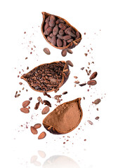 Cocoa fruit, cacao beans with cocoa nibs and chocolate powder flying in the air isolated on white...