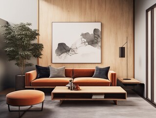 An detailed interior design idea for a modern new living room including texture and color samples high end wallpaper magazine