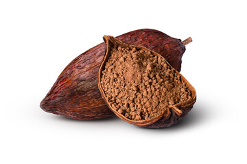 Cocoa fruit and powder isolated on white