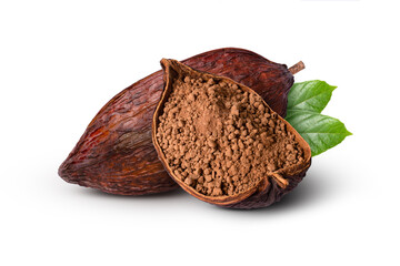 Cocoa pod and cacao powder in half fruit with green leaf isolated on white background.
