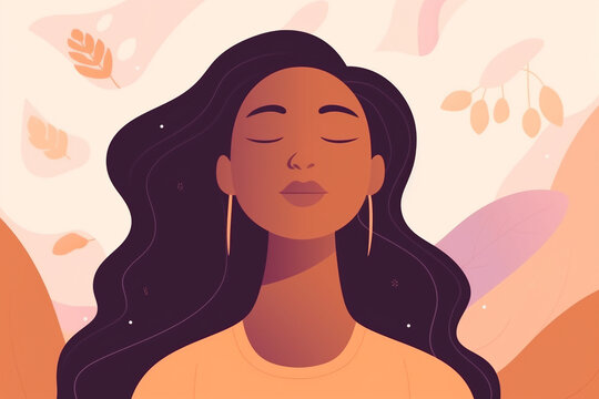 Generative AI.Breathing exercise concept. Relaxed woman breathing exercise at home.meditating for saving mental health. alance, harmony and mindfulness concept. alance, harmony and mindfulness concept