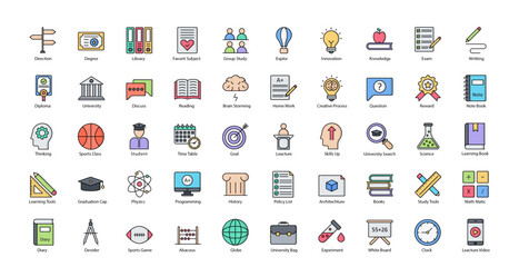 University Line Color Icons Student Education Icon Set in Filled Outline Style 50 Vector Icons 