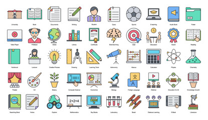 University Line Color Icons Education Student Iconset in Filled Outline Style 50 Vector Icons