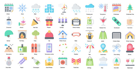 Winter Flat Icons Rain Christmas Snow Weather Color Icon Bundle 50 Vector Icons