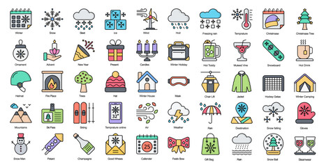 Winter Line Color Icons Rain Christmas Snow Weather Filled Outline Icon Bundle 50 Vector Icons