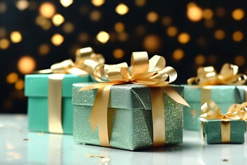 Mint gift boxes with golden bows on the background of bokeh effect. Generative AI