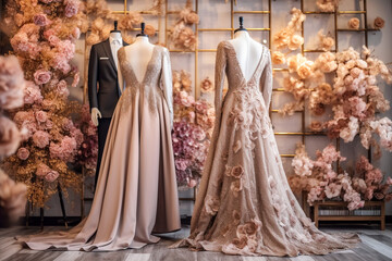 Naklejka premium Elegance dress and suit. Boutique interior design, super photo realistic background. Generative ai illustration